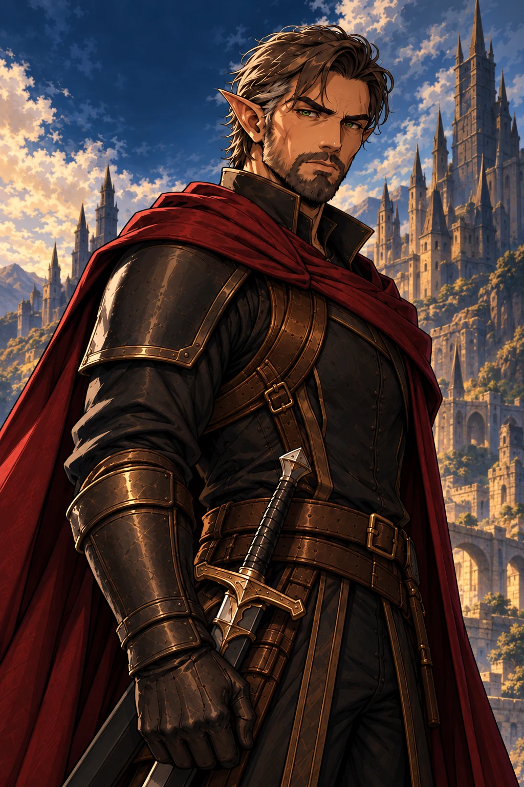 Portrait d’Algor, cheveux bruns, yeux verts, armure sombre et cape rouge
