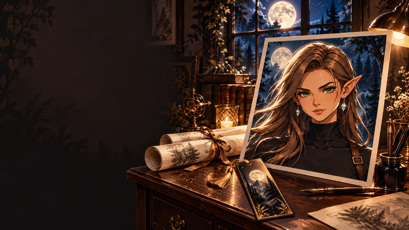 Illustrations de Luna et créations sur un bureau éclairé à la lumière dorée
