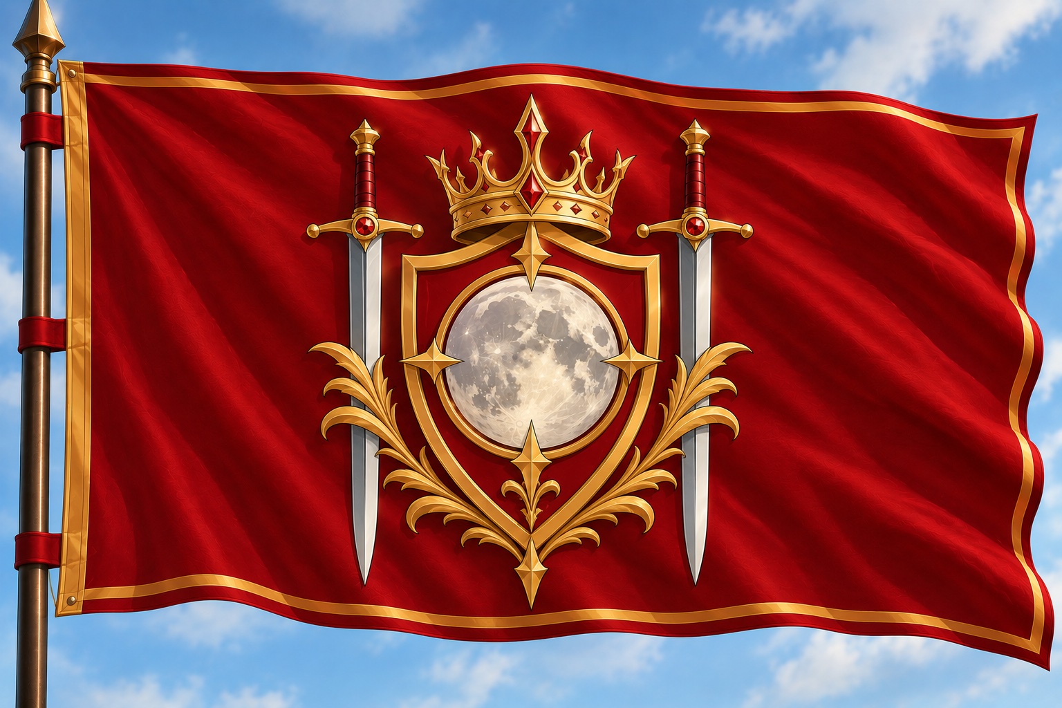 Drapeau du Royaume Azirien, rouge et or, avec son emblème à la pleine lune