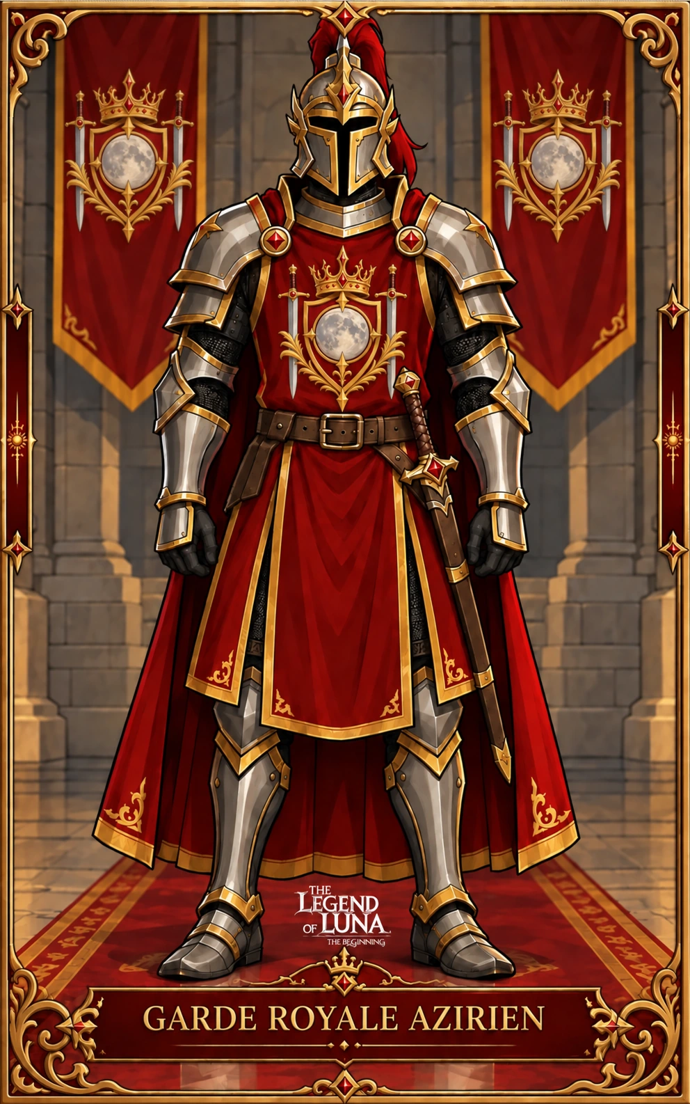 Garde royal azirien en armure, devant deux étendards rouges portant le nouvel emblème à la pleine lune