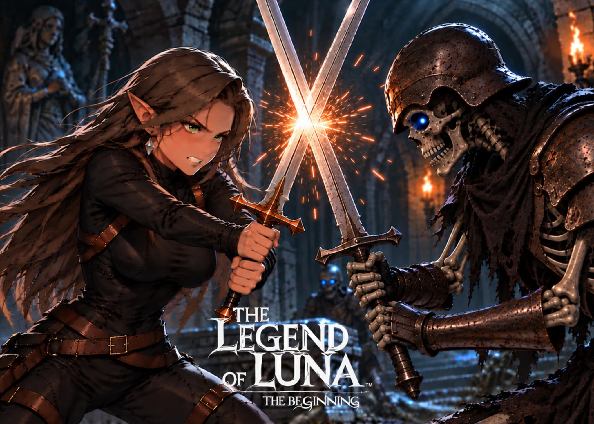 Luna affronte un guerrier squelette aux yeux bleus dans une crypte, sous le titre The Legend of Luna: The Beginning