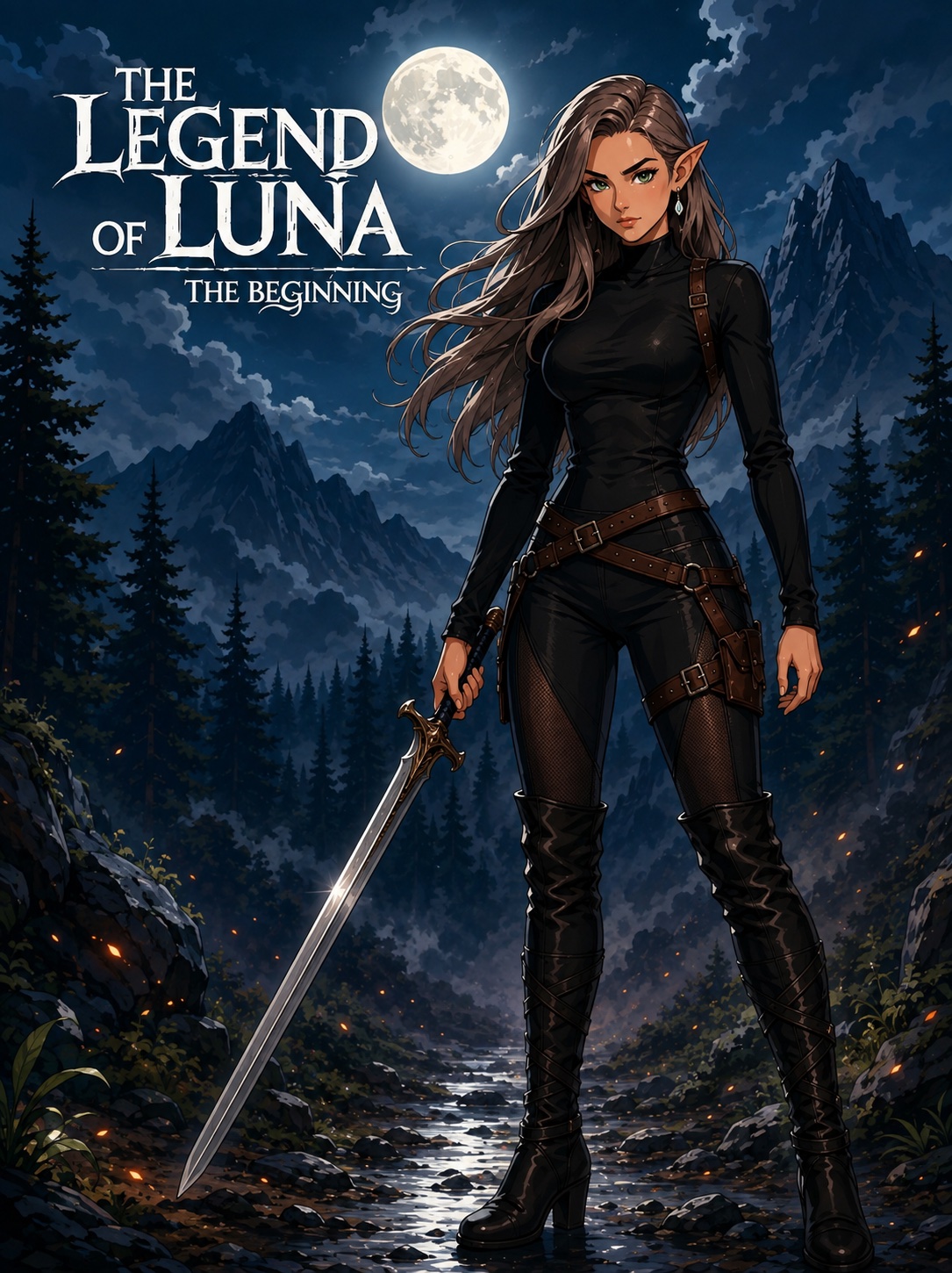 Luna debout sous la pleine lune, l’épée à la main