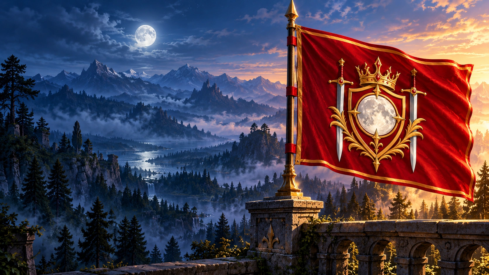 Le drapeau du Royaume Azirien devant un vaste paysage de montagnes et de forêts