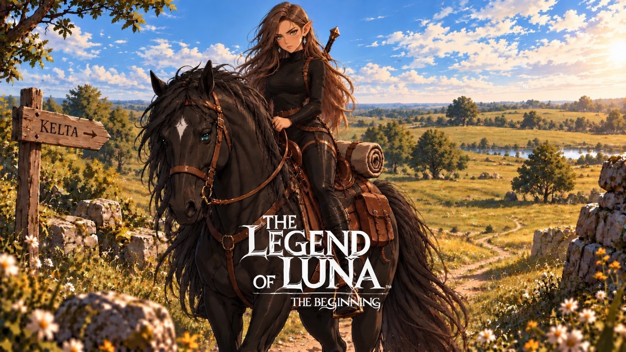Luna à cheval sur Sagesse dans la plaine de Kelta, près d’un panneau indiquant Kelta