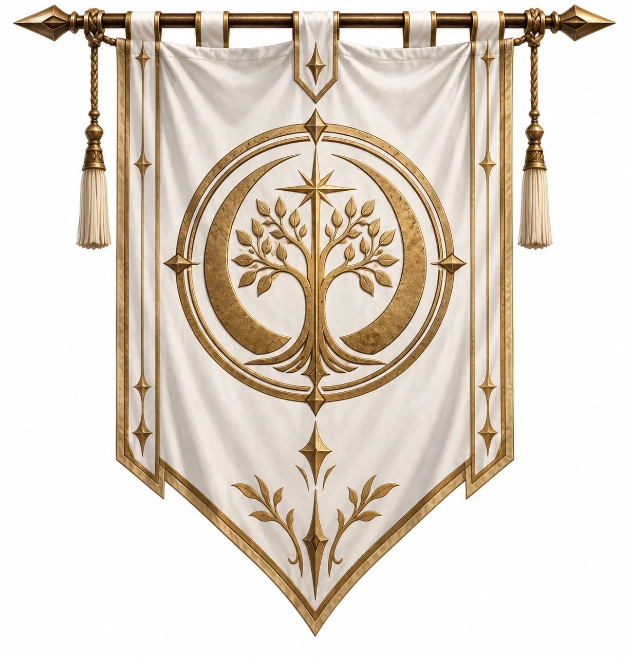 Étendard blanc et or de l’Ordre de Théia, avec un arbre stylisé, des arcs lunaires et une étoile