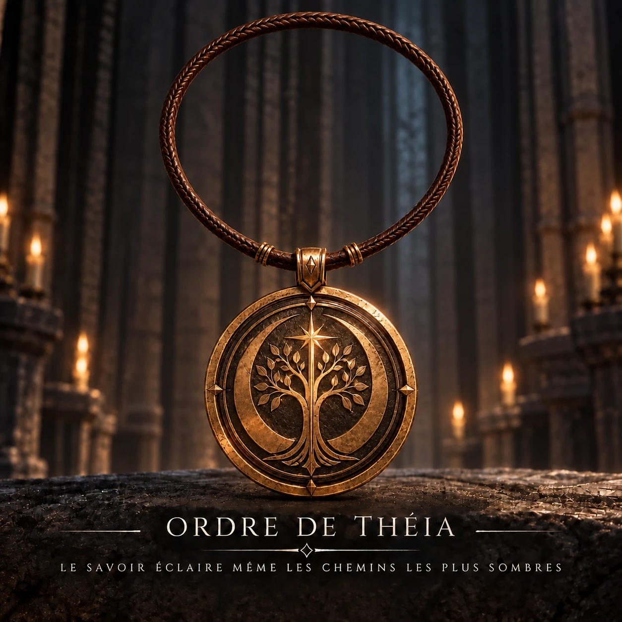 Médaillon doré de l’Ordre de Théia centré, avec sa corde tressée visible en entier